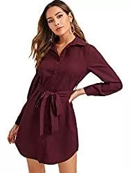 DIDK Freizeit Damenhemd Kleid Elegante Bluse Kleid V-Ausschnitt Langarm Herbst Tunika Kleider mit Gürtel
