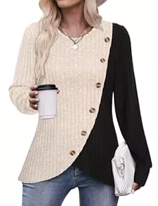 Flikity Pullover & Strickmode Flikity Pullover Damen, Lässige Oberteile mit Rundhalsausschnitt, Damen Oberteile mit Langen Ärmeln, Knöpfe an der Seite, Tunika Sweatshirts, Frühling Herbst Winter Kleidung