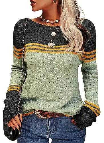 Tankaneo Pullover & Strickmode Tankaneo Damen Pullover Colorblock Langarm Rundhals Strickpullover Gestreift Slim Fit Strickwaren Tops