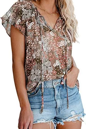 Maavoki Ärmellose Blusen Maavoki Damen Kurzarm Chiffon Hemd Sommer Kurzarm Tops mit Blumendruck Elegant Bohemian Sommer Oberteil