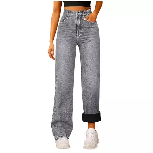 ZhungZaoh Jeans ZhungZaoh Gefütterte Jeans Damen Thermo Winter Denim Jeans mit Fleece High Waist Weites Bein Jeanhosen Stretch Boyfriend Straight Leg Hose Elegant Freizeithosen Mädchen Streetwear