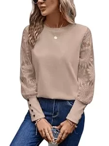 GORGLITTER Pullover & Strickmode GORGLITTER Damen Spitzen Oberteil Rundhals Langarmshirt Langarm Shirts Elegant Top mit Spitzenkontrast