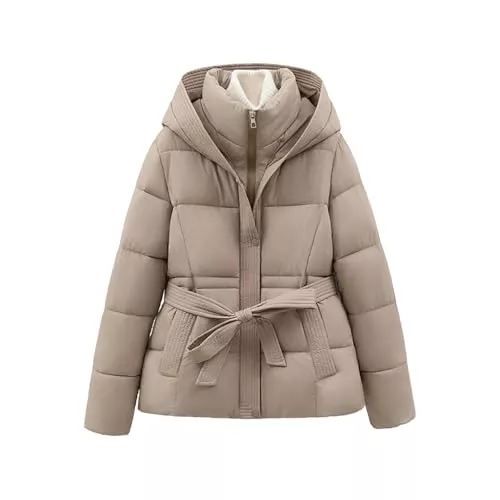 LNNGNIA Jacken Winterjacke Damen Elegant Steppjacke Kurz Wintermantel Übergangsjacke mit Gürtel Hoody Jacke Einfarbig Mantel Warm Steppmantel Reißverschluss Daunenjacke Winter Kurzjacke Dicke Damenjacke Outwear