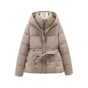 LNNGNIA Jacken Winterjacke Damen Elegant Steppjacke Kurz Wintermantel Übergangsjacke mit Gürtel Hoody Jacke Einfarbig Mantel Warm Steppmantel Reißverschluss Daunenjacke Winter Kurzjacke Dicke Damenjacke Outwear
