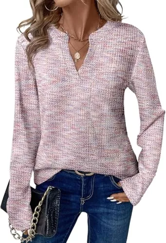 siniluoto Pullover & Strickmode siniluoto Damen Waffelpullover V-Ausschnitt Langarm Leichter Strickpullover Lässig Bequem Atmungsaktiv Basics Oberteil für Business Office Herbst und Winter