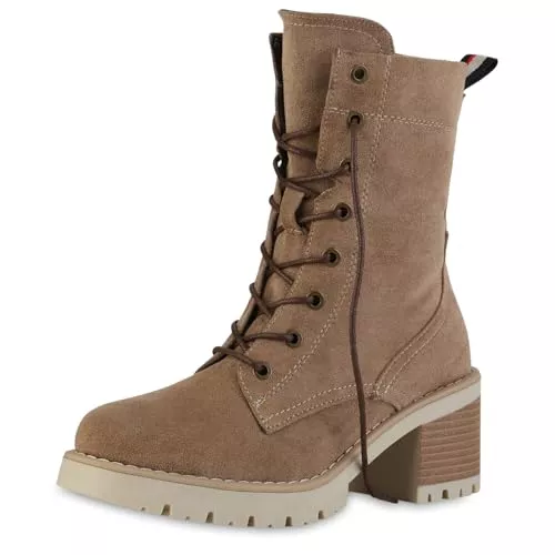 VAN HILL Stiefel VAN HILL Damen Schnürstiefeletten Leicht Gefüttert mit Blockabsatz Profilsohle Plateau Vorne