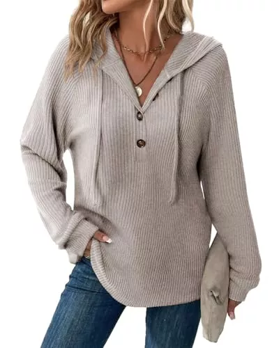 Tanmolo Pullover & Strickmode Tanmolo Pullover Damen Hoodie V-Ausschnitt Kapuzenpullover Knopfleiste Leichter Strickpullover Langarm Sweatshirt Tops