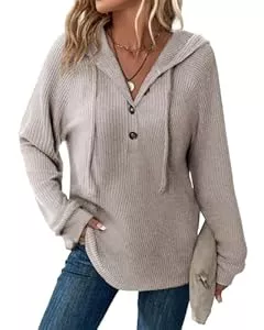 Tanmolo Pullover & Strickmode Tanmolo Pullover Damen Hoodie V-Ausschnitt Kapuzenpullover Knopfleiste Leichter Strickpullover Langarm Sweatshirt Tops