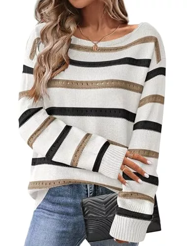 Hotouch Pullover & Strickmode Hotouch Pullover Damen Herbst Elegant Strickpullover Locker Hollow Out Rundhals Pulli Lang Sweater Top Strick Winterpullover S-XXL