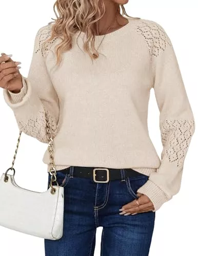 Zeagoo Pullover & Strickmode Zeagoo Pullover Damen Winter Ribbed Knit Strickpullover Langarm Rundhals Sweater Hollow Out Pulli Herbst Elegant Sweatshirt