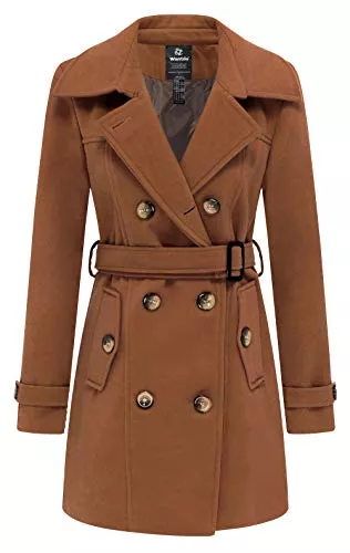 Wantdo Mäntel Wantdo Damen Winterdicke Jacken Warme Winddicht Jacke Wollmischung Erbsenmäntel Zweireihige Mittellange Mäntel Slim Fit Cabanjacke mit Schulterklappen