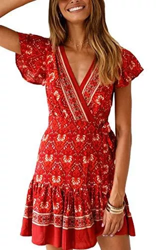 ECOWISH Freizeit ECOWISH Damen Kleider Boho Vintage Sommerkleid V-Ausschnitt A-Linie Minikleid Swing Strandkleid mit Gürtel