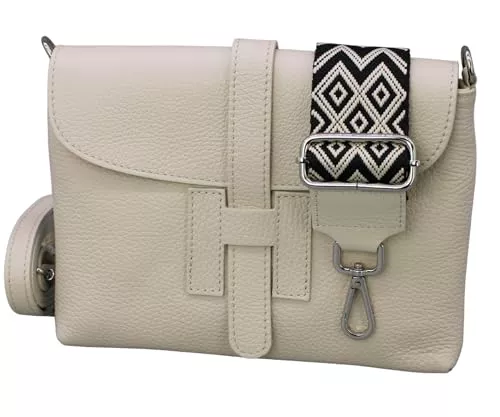 Brise Art Taschen & Rucksäcke Brise Art Umhängetasche Damen Echtes Leder EVA Handgemachte Handtasche Kleine Schlanke Tasche 3 Fächer Crossbody Bag mit Ledergurt + Breiten Gemusterten Riemen Made in Italy