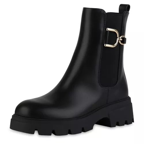 VAN HILL Stiefel VAN HILL Damen Klassische Stiefeletten Leicht Gefüttert mit Blockabsatz Profilsohle Plateau Vorne