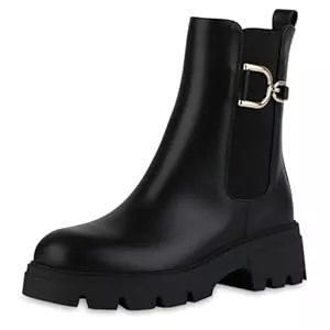 VAN HILL  VAN HILL Damen Klassische Stiefeletten Leicht Gefüttert mit Blockabsatz Profilsohle Plateau Vorne