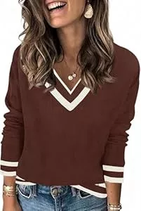 Saodimallsu Pullover & Strickmode Saodimallsu Damen Pullover Langarm V-Ausschnitt Strickpullover Leicht Gestreifte Strick Tops Lässig Basic Pulli Herbst Winter Oberteile