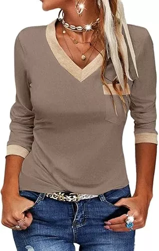 Fisoew Pullover & Strickmode Fisoew Langarmshirt Damen Casual V-Ausschnitt Farbblock Langarm Oberteil T Shirts Basic Tunika Tops Blusen.
