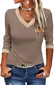 Fisoew Pullover & Strickmode Fisoew Langarmshirt Damen Casual V-Ausschnitt Farbblock Langarm Oberteil T Shirts Basic Tunika Tops Blusen.