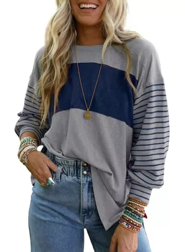 CXMSYY Pullover & Strickmode Shirt Langarm Damen, Oversized Color Block Oberteile mit Rundhalsausschnitt, Streifen Langarmshirt Damen Pullover Herbst Freizeit T-Shirts Bluse 2025