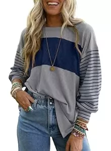 CXMSYY Pullover & Strickmode Shirt Langarm Damen, Oversized Color Block Oberteile mit Rundhalsausschnitt, Streifen Langarmshirt Damen Pullover Herbst Freizeit T-Shirts Bluse 2025