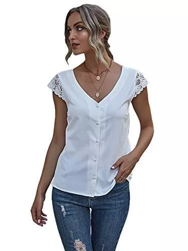 DIDK Kurzarmblusen DIDK Damen Elegant Blusen V Ausschnitt Sommer Oberteil Casual Tops Bluse mit Spitzeneinsatz