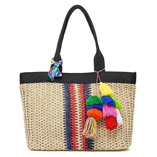 JOSEKO Taschen & Rucksäcke JOSEKO Stroh Strandtasche, Damen Umhängetasche Casual Handtasche Einkaufstasche Geldbörse Strandtasche (Hellbraun)