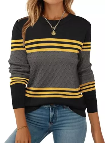 Zeagoo Pullover & Strickmode ZEAGOO Pullover Damen Strickpullover Langarm Rundhals Strickpulli Colorblock Elegant Pulli Gestreift Oberteile Herbst Winter S-XXL