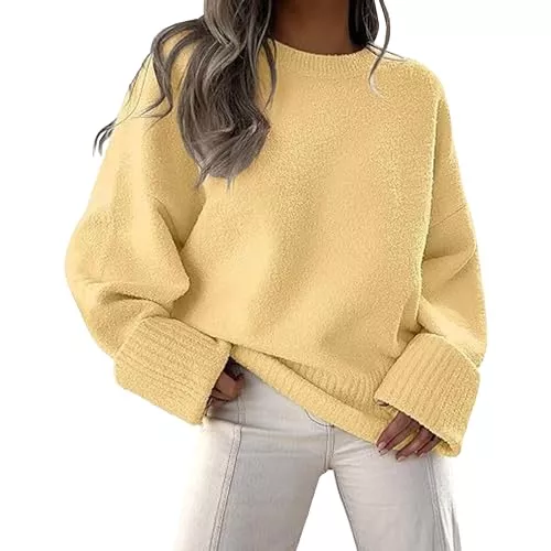 Generic Pullover & Strickmode Damen Grobstrickpullover Herbst Winter Einfarbig Lässig Übergroß Rundhals Langarm Warm Flauschig Strickpullover