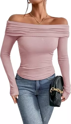 TrendiMax Pullover & Strickmode TrendiMax Damen Langarmshirt Elegant Stretch Pullover Slim Fit Off Shoulder Oberteil Langarm Tshirts Schulterfrei Sexy Enge Tops Y2K Crop Top Einfarbig