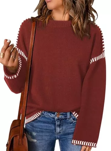 BUNSLOOM Pullover & Strickmode BUNSLOOM Pullover Damen Mode Rundhals Tops Lockere Passform Langarm Kontrastmuster Zopfmuster Strickpullover Sweater