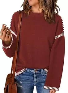BUNSLOOM  BUNSLOOM Pullover Damen Mode Rundhals Tops Lockere Passform Langarm Kontrastmuster Zopfmuster Strickpullover Sweater