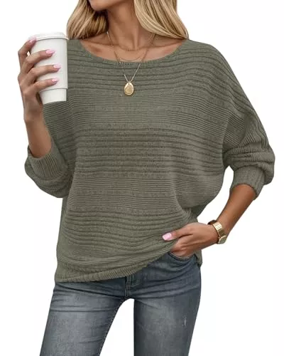WNEEDU Pullover & Strickmode WNEEDU Pullover Damen Winter Elegant Dünne Fledermausärmel Strickpullover Langarm Geripptes Pulli Sweater Sweatshirt Langarmshirt