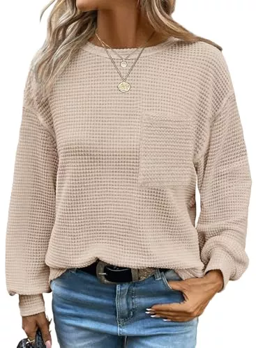 Chicrise Pullover & Strickmode Chicrise Langarmshirt Damen Basic Waffelgestrick Rundhals Leichte Pullover mit Tasche Bluse Elegant Business Casual