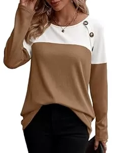Zeagoo Langarmshirts ZEAGOO Langarmshirt Damen Rundhals Tshirt Casual Farbblock Oberteile Herbst Leichte Waffelstrick Shirts Basic Tunika Tops mit Knöpfen S-XXL