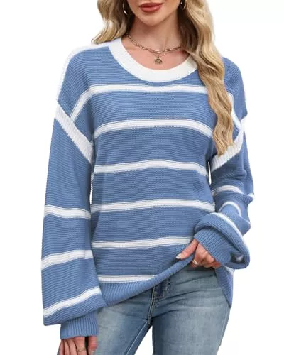 Quatrefox Pullover & Strickmode Gestreift Pullover Damen Winter Oberteile Rundhals Langarm Strickpullover Casual Lose Grobstrickpullover Elegant Wellenmuster Strickwaren Winterpullover