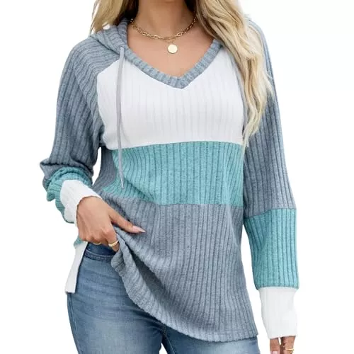 Quatrefox Pullover & Strickmode Quatrefox Hoodie Damen Pullover Kapuzenpullover Langarm Shirt Frauen Oberteile V-Ausschnitt Sweatshirt Farbblock Bluse Mit Kapuze Für Winter Frühling