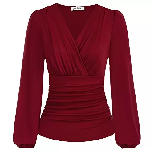 GRACE KARIN Langarmblusen GRACE KARIN Damen V-Ausschnitt Bluse Elegant Wickelbluse Laterne Langarm Slim Fit Plissee-Top Tunika Bluse