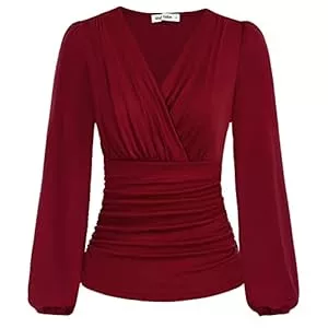 GRACE KARIN Langarmblusen GRACE KARIN Damen V-Ausschnitt Bluse Elegant Wickelbluse Laterne Langarm Slim Fit Plissee-Top Tunika Bluse