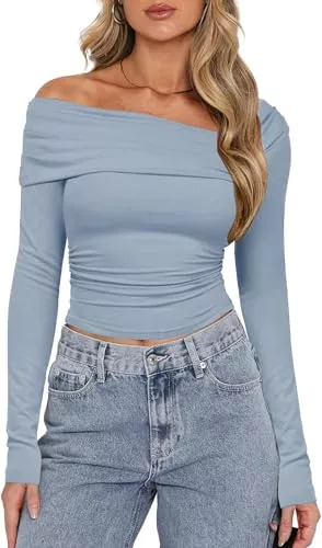 TrendiMax Pullover & Strickmode TrendiMax Damen Langarmshirt Elegant Stretch Pullover Slim Fit One Off Shoulder Oberteil Langarm Tshirts Schulterfrei Asymmetrischer Sexy Enge Tops Y2K Crop Top