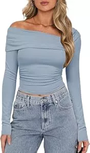 TrendiMax Pullover & Strickmode TrendiMax Damen Langarmshirt Elegant Stretch Pullover Slim Fit One Off Shoulder Oberteil Langarm Tshirts Schulterfrei Asymmetrischer Sexy Enge Tops Y2K Crop Top