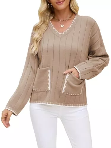 Quatrefox Pullover & Strickmode Quatrefox Pullover Damen Strickpullover Winter Warm Strickwaren V-Ausschnitt Herbst Winterpullover Langarm Farbblock Pulli Casual Lose Grobstrickpullover Elegant Oberteile mit Tasche