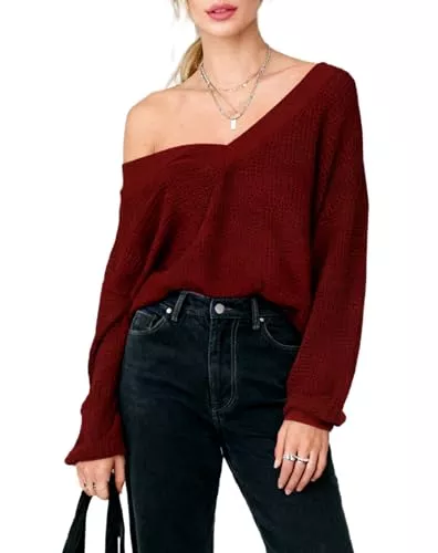 POMTIMCO Pullover & Strickmode Damen Pullover Langarm V-Ausschnitt Strickpullover Sexy Lose Einfarbig Oberteile Schulterfreies Puffärmeln Waffelstrick Shirt