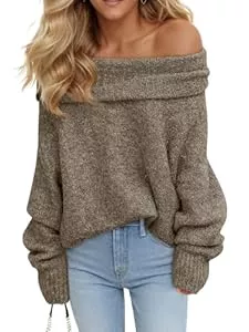 Saodimallsu Pullover & Strickmode Saodimallsu Damen Pullover Sexy Schulterfrei Langarm Strickpullover Lose Grobstrick Jumper Sweater Einfarbig Casual Winter Pulli