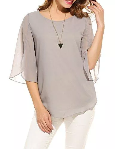 Beyove Kurzarmblusen Beyove Damen 3/4 Ärmel Elegant Chiffonbluse Langarmshirt Tunika Hemd Festlich Rundhalsausschnitt Oberteile Tops