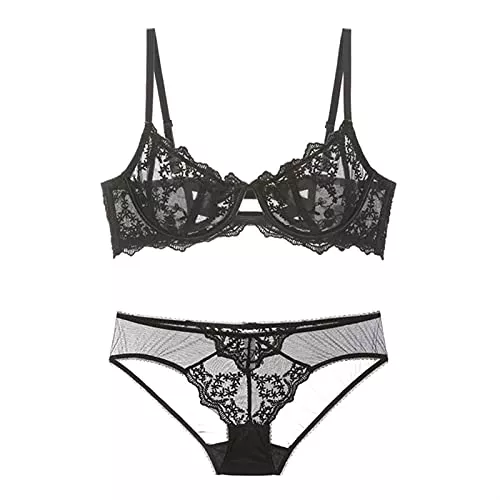 DALIZHAI777 Unterwäsche & Dessous DALIZHAI777 Dessous Damen Sexy UnterwäSche Damen Spitze Stickerei Wireless BH + Tanga Dessous Nachtwäsche Zweiteilige Bandage Unterwäsche Set Sexy Dessous (Color : Black, Size : 75B/34B)