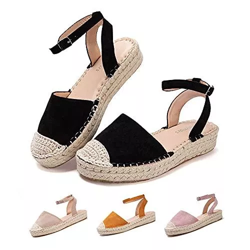 Hitmars Sandalen & Slides Plateau Sandalen Damen Espadrilles mit Keilabsatz Keilsandalen Absatz Espandrillos Sommer Frauen Schuhe Geschlossene Schwarz Braun Grau 36 EU-43 EU