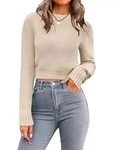 Zeagoo Pullover & Strickmode ZEAGOO Pullover Damen Kurzer Strickpullover Rundhals Langarm Strickpulli Herbst Winter Casual Pulli Einfarbig Gestrickt Obertiele S-XXL