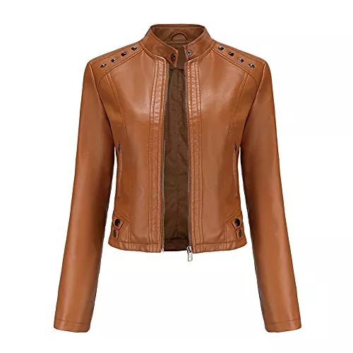 YYNUDA Jacken YYNUDA Damen Lederjacke Kurz Bikerjacke Stehkragen Reißverschluss Leder Jacke Übergangsjacke für Herbst Frühling