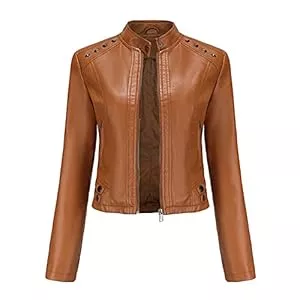 YYNUDA Jacken YYNUDA Damen Lederjacke Kurz Bikerjacke Stehkragen Reißverschluss Leder Jacke Übergangsjacke für Herbst Frühling