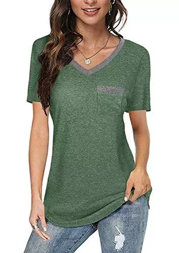 Jiraewh T-Shirts Jiraewh Damen Sommer Kurzarm Einfarbig T-Shirt mit Brusttasche Farbblock V-Ausschnitte Casual Blusen Loose Tops Tuniken Sommershirt